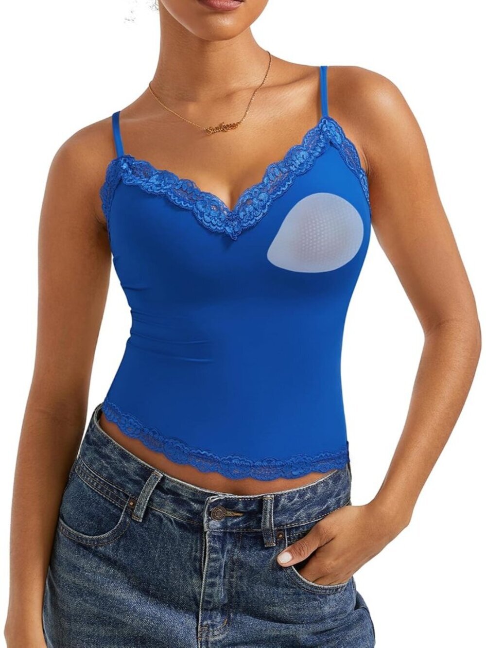 Women's Hemp Blue Sleeveless Padded Lace Double Lined V Neck Pull On Tank Tops